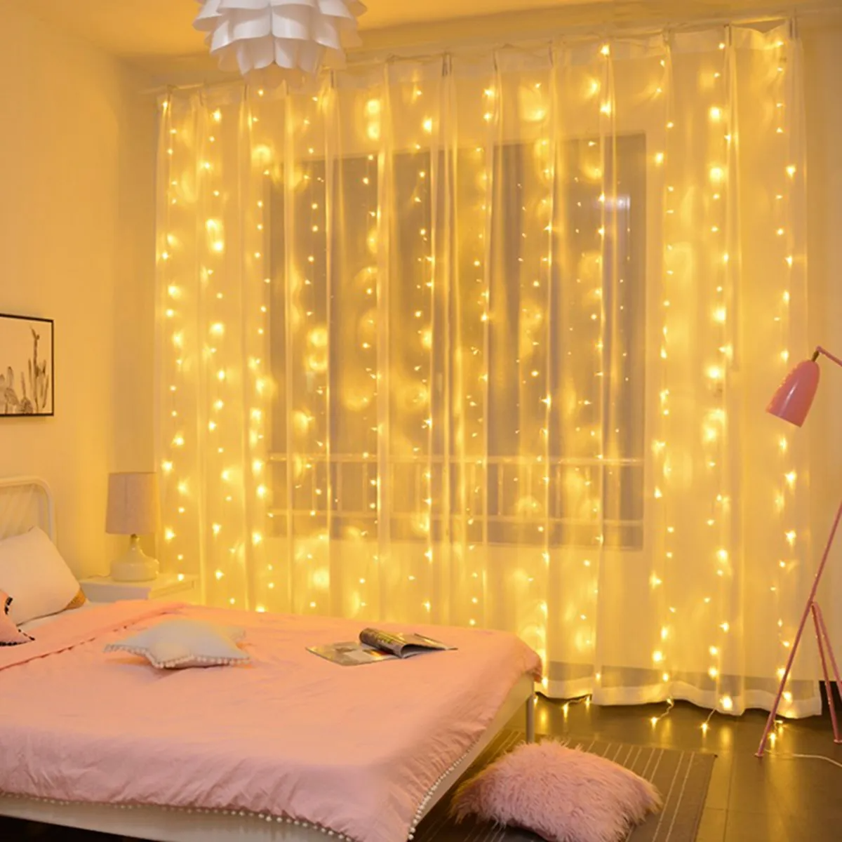 Bedroom with LED Curtain Fairy Lights on sheer curtains