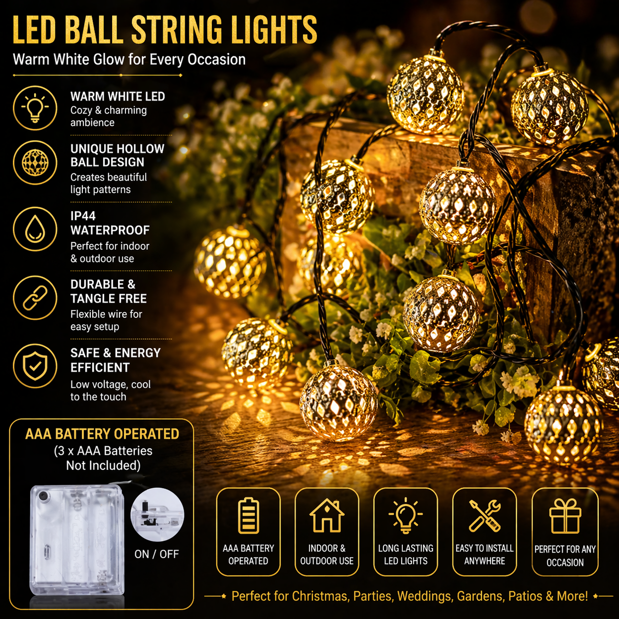Moroccan Metal Ball LED String Lights with features listed on a dark background