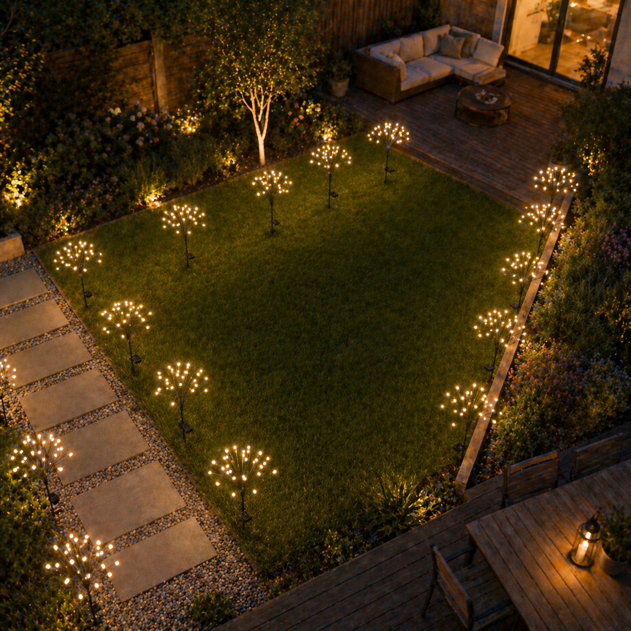 Solar Firework Garden Lights illuminating a grassy area and patio.