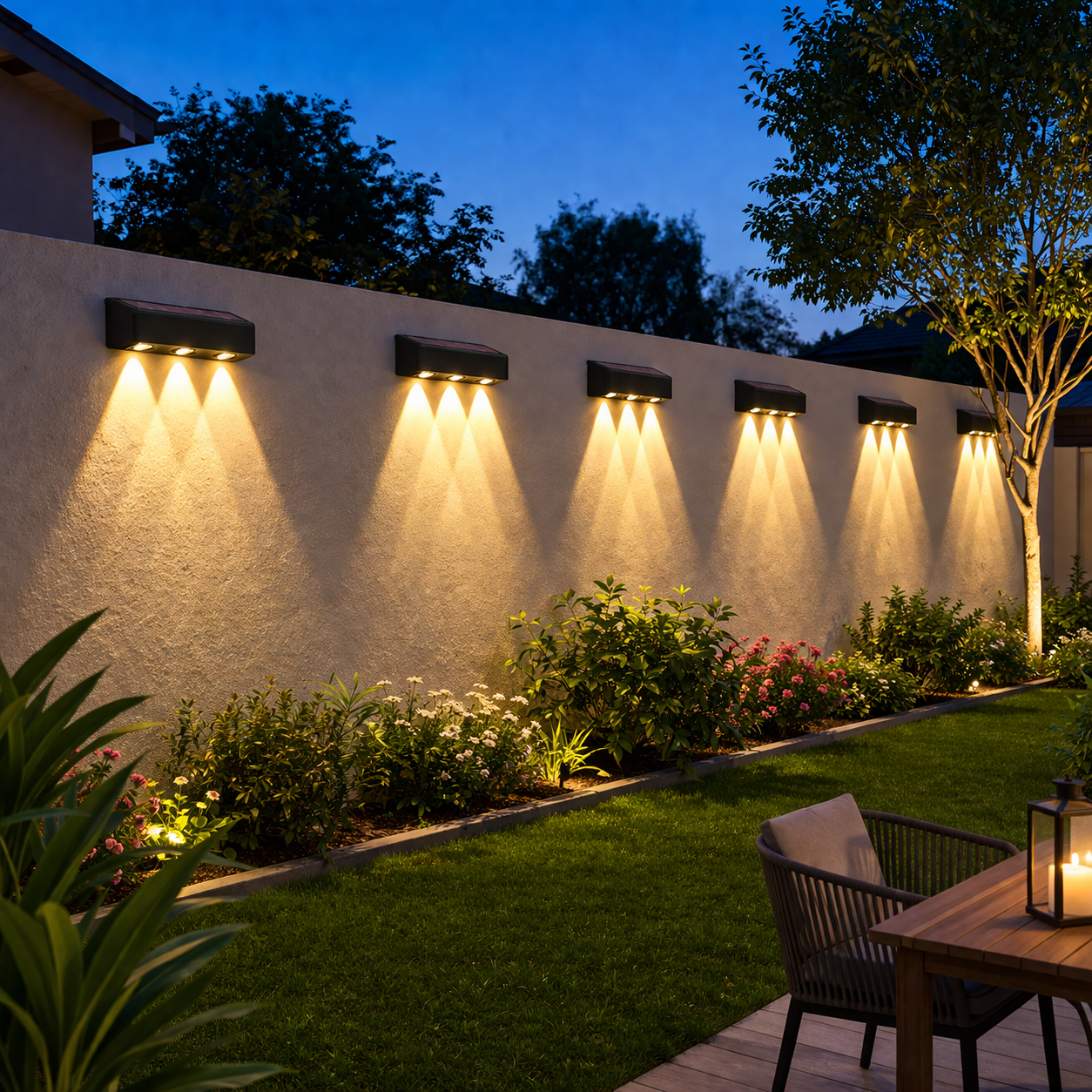 Solar Powered Garden Wall Light setting with wall-mounted lights illuminating a patio area.