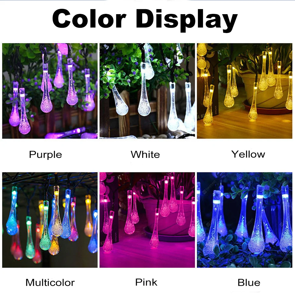 Color display of Solar Water Drop Fairy Lights in purple, white, yellow, multicolor, pink, and blue.