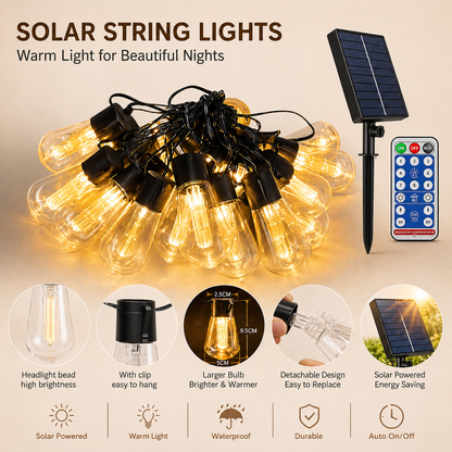 28FT Solar Festoon String Lights with solar panel and remote control on a beige background