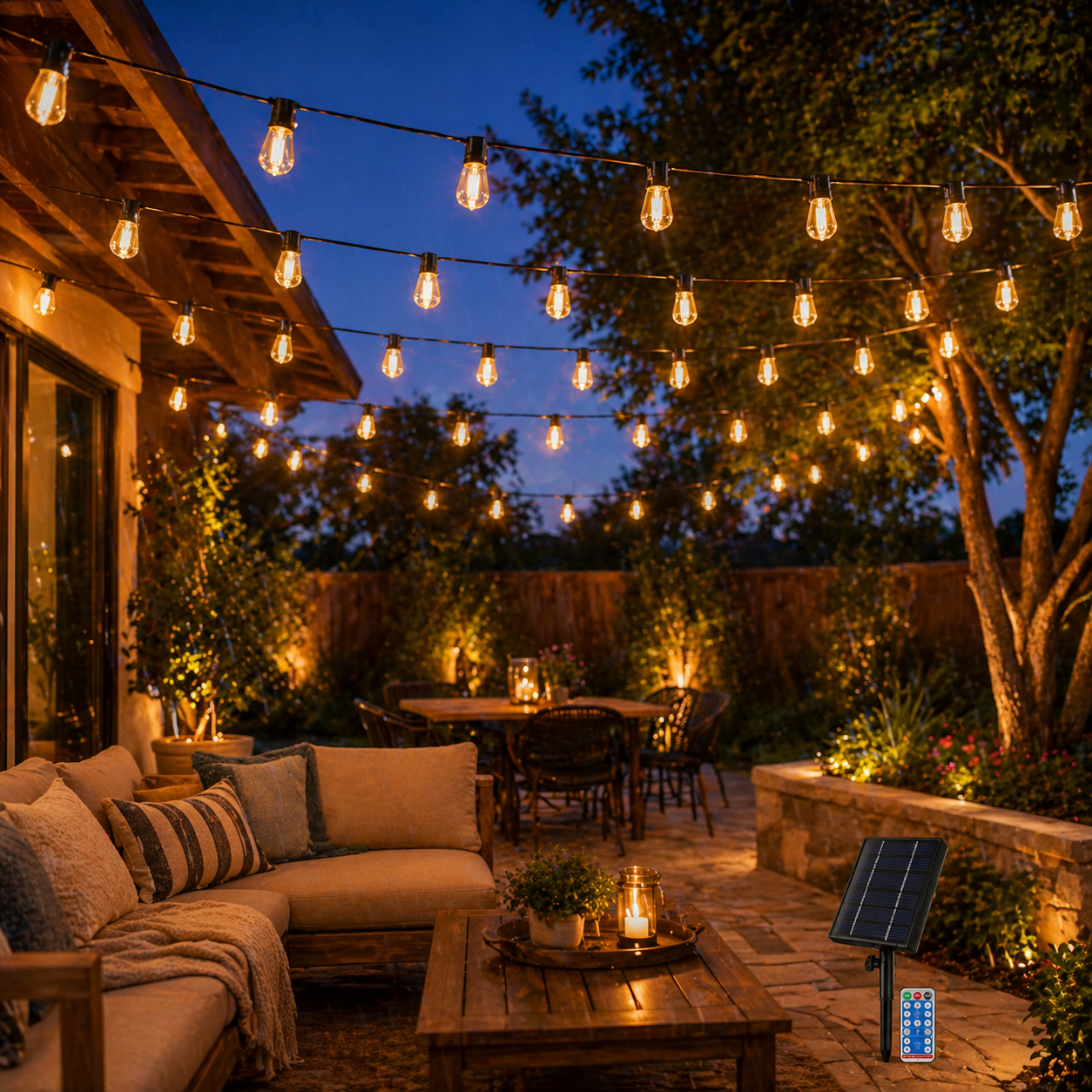 Outdoor patio with 28FT Solar Festoon String Lights, furniture, and a solar panel at night.