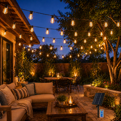 Outdoor patio with 28FT Solar Festoon String Lights, furniture, and a solar panel at night.