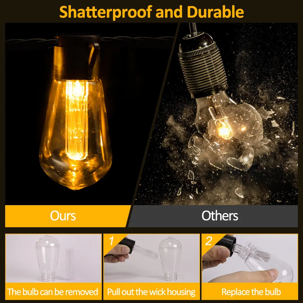28FT Solar Festoon String Lights comparison showing shatterproof and durable features with a dark background.