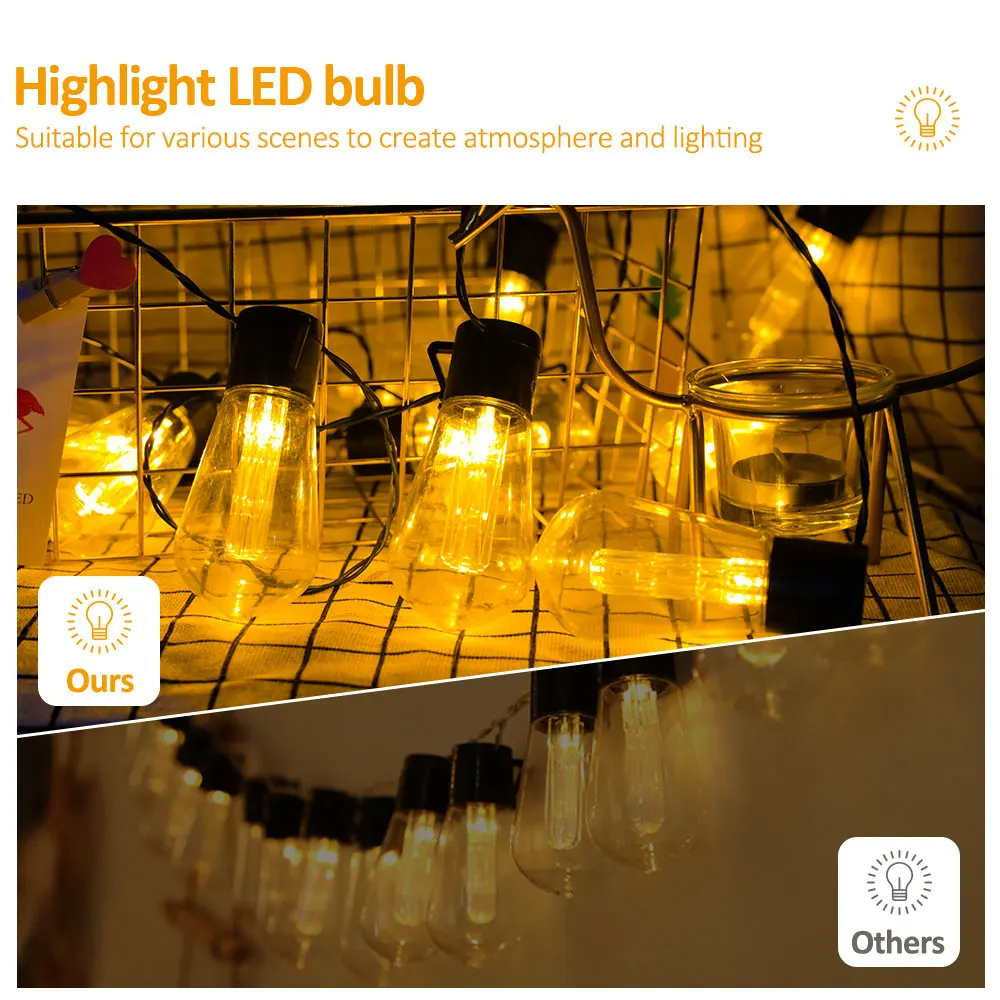 28FT Solar Festoon String Lights with a warm glow on a checkered background, labeled 'Highlight LED bulb'.