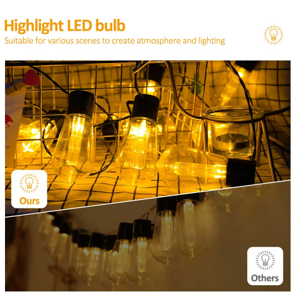 28FT Solar Festoon String Lights with a warm glow on a checkered background, labeled 'Highlight LED bulb'.