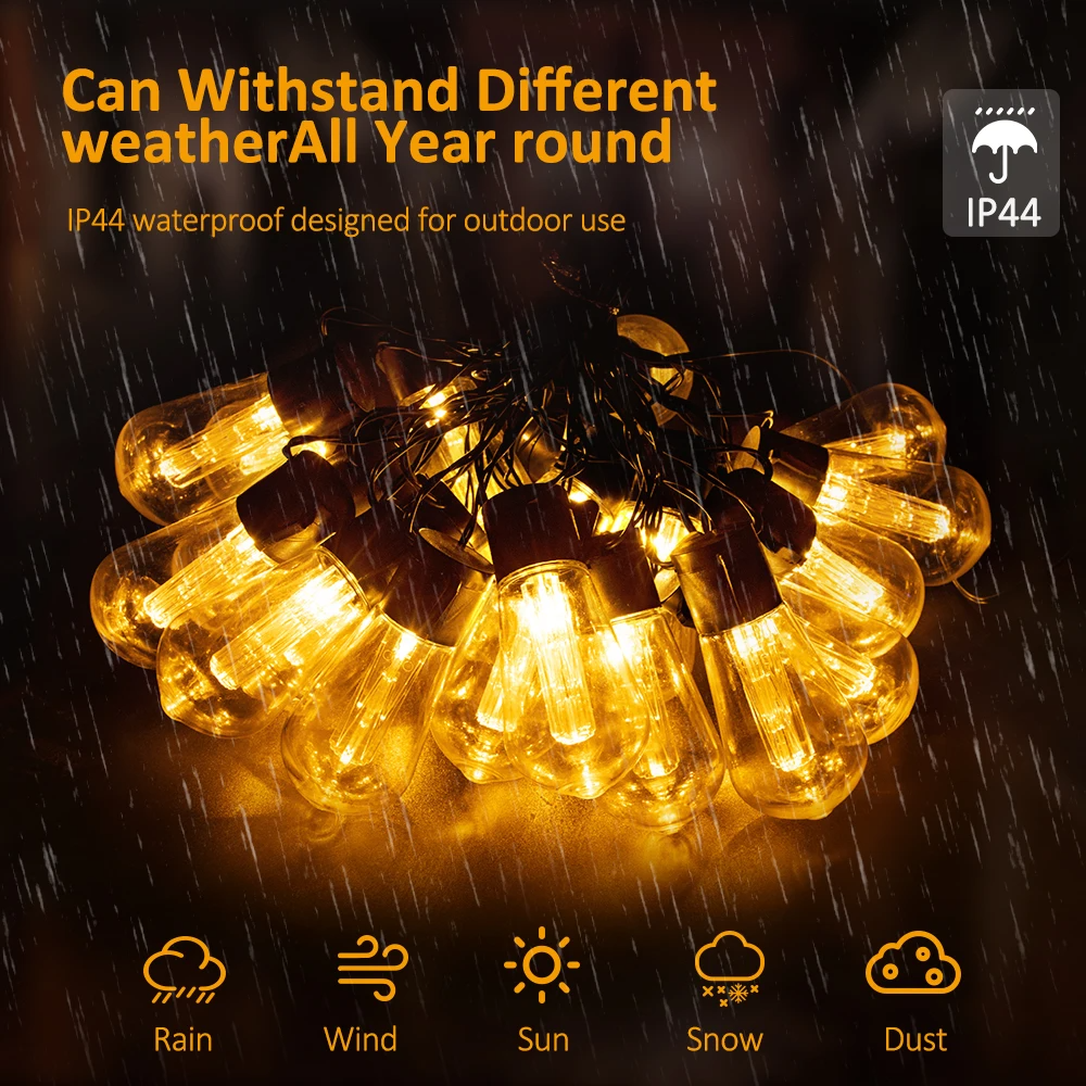 String lights with a dark background and raindrops, highlighting their IP44 waterproof rating.
