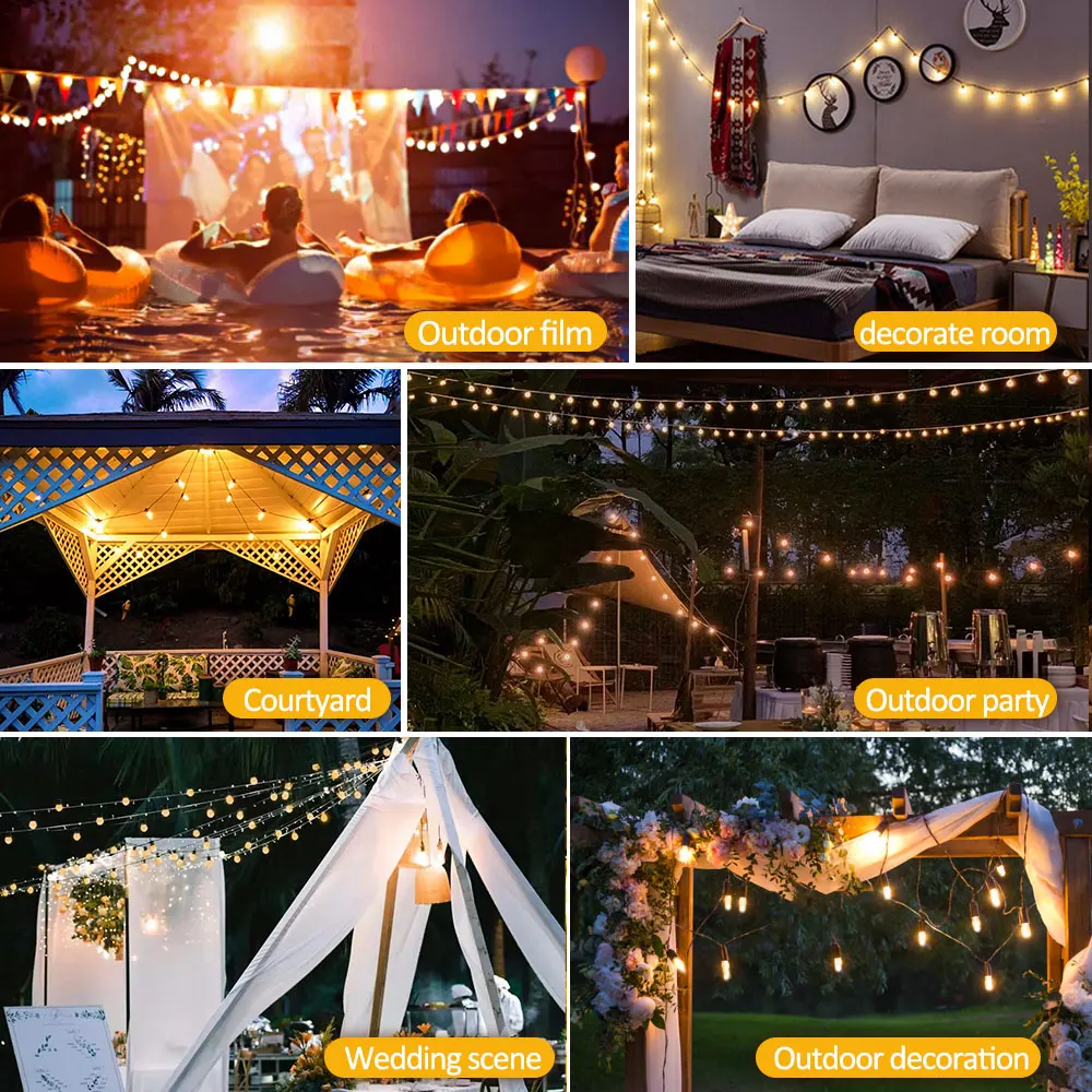 Collage of outdoor film, room decoration, courtyard, outdoor party, wedding scene, and outdoor decoration with string lights.