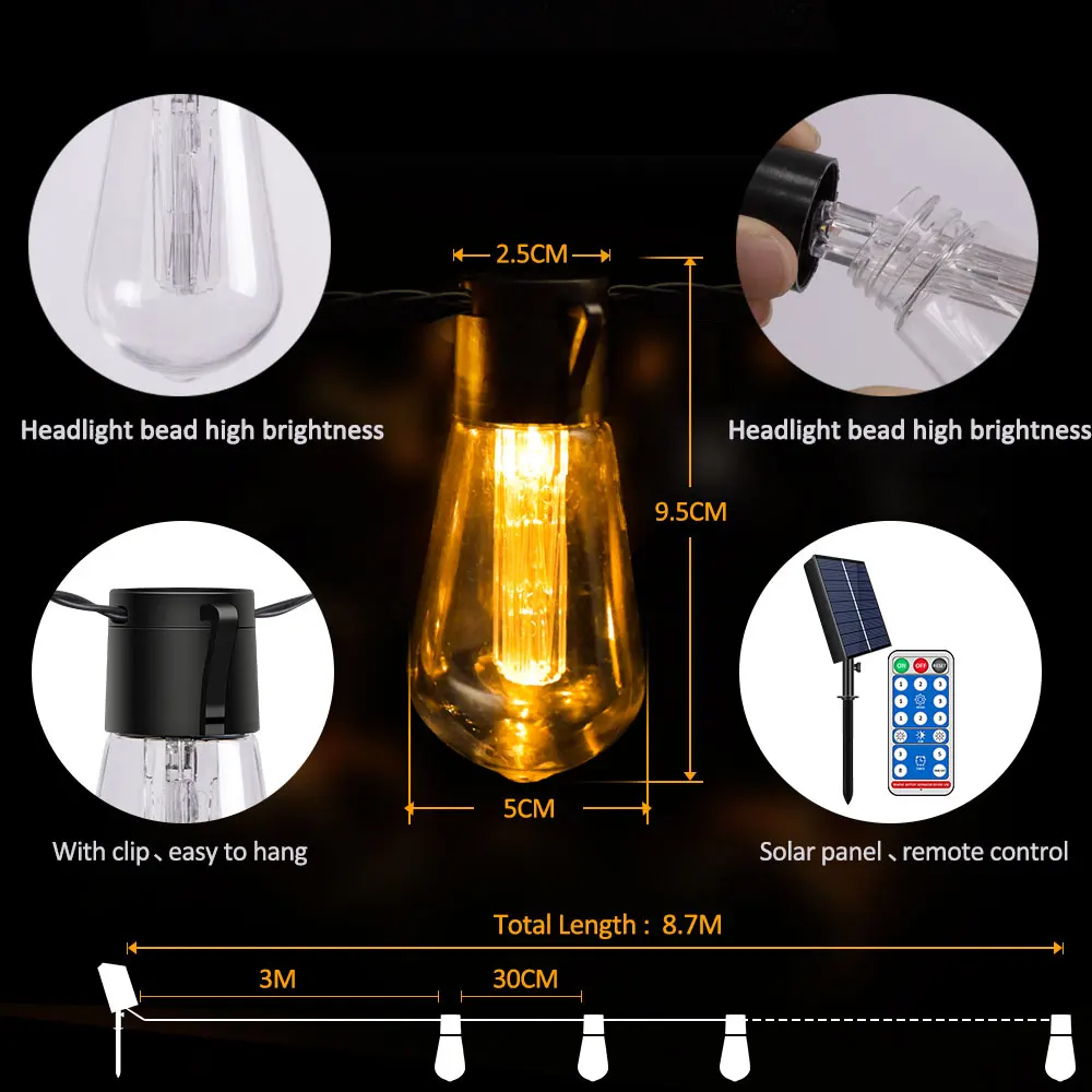 Detailed view of a 28FT Solar Festoon String Lights with measurements and features on a dark background.