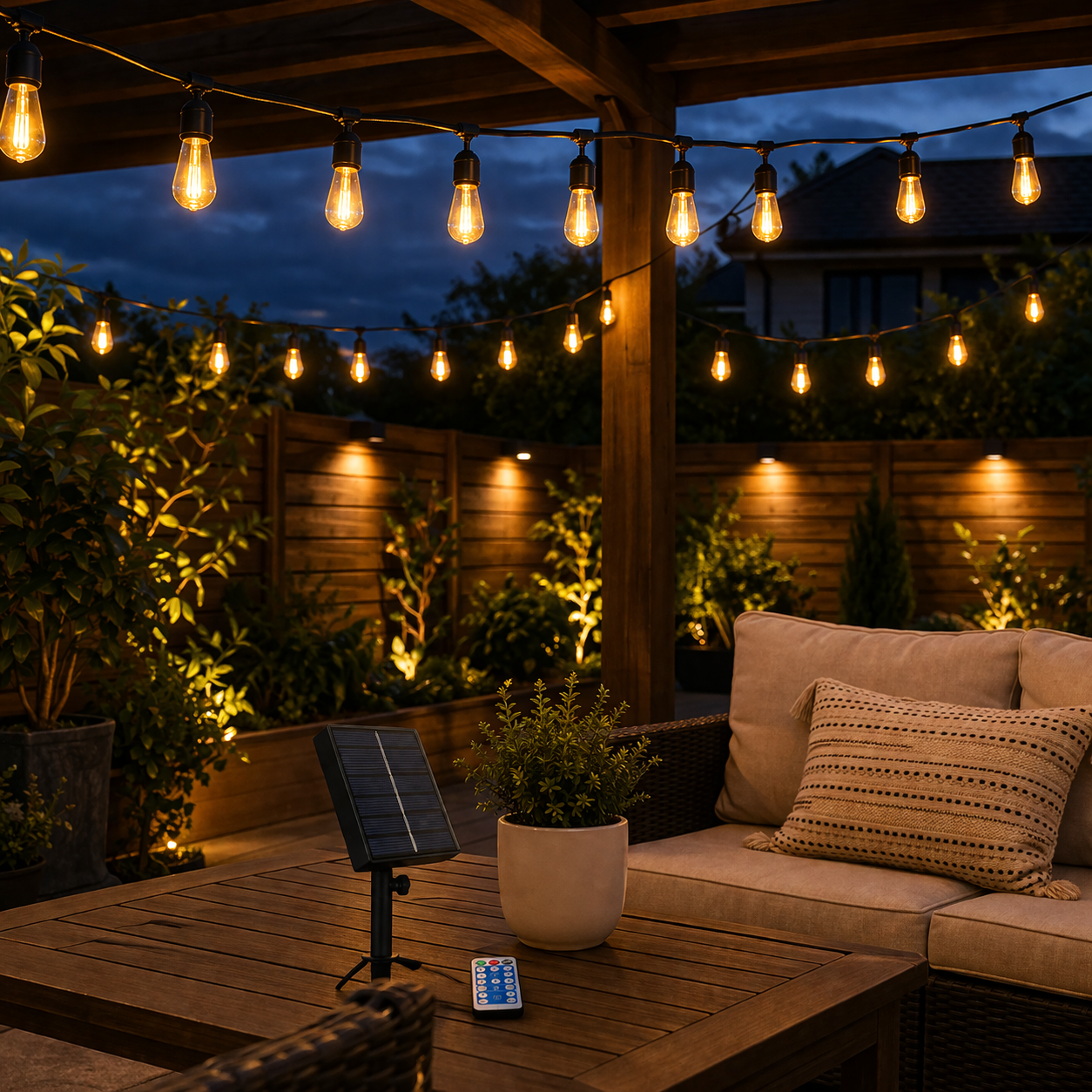 Outdoor patio with 28FT Solar Festoon String Lights, solar panel, and remote control at night.