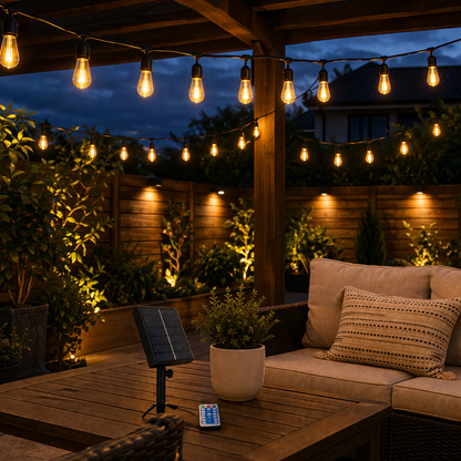 Outdoor patio with 28FT Solar Festoon String Lights, solar panel, and remote control at night.