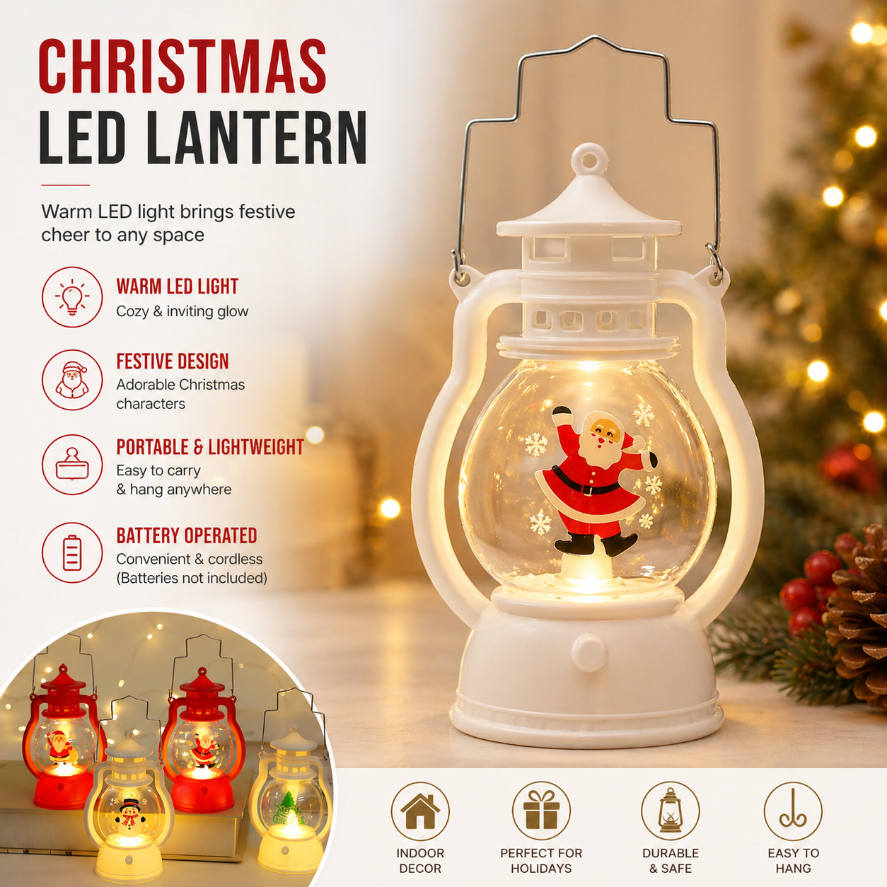 Christmas Decorative LED Lantern Lamp with Santa Claus design, surrounded by festive decorations.