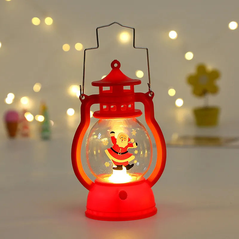 Red Christmas Decorative LED Lantern Lamp with Santa Claus figure inside, glowing softly.