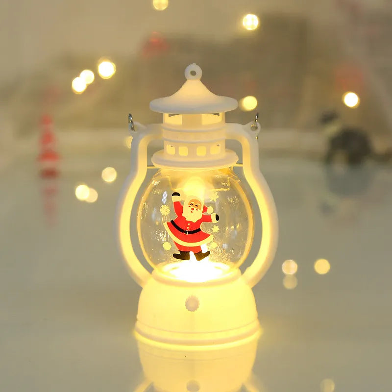 Christmas Decorative LED Lantern Lamp with a Santa Claus figure inside, surrounded by blurred lights.
