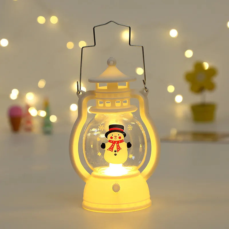 Christmas Decorative LED Lantern Lamp with a snowman inside, glowing softly in a warm yellow light.
