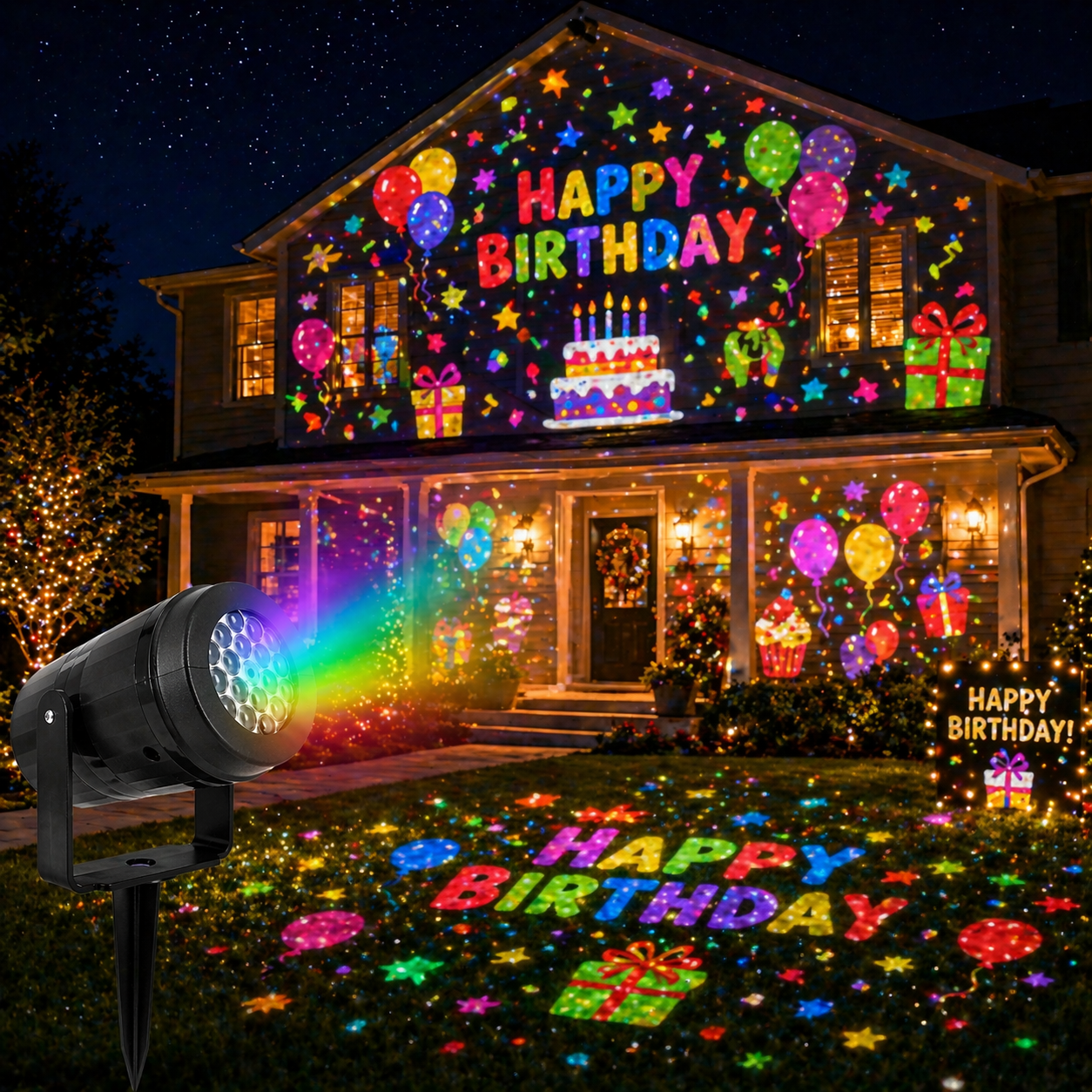 House decorated with colorful 'Happy Birthday' lights and a Christmas Laser Projector Lights Outdoor displaying more lights on the lawn.