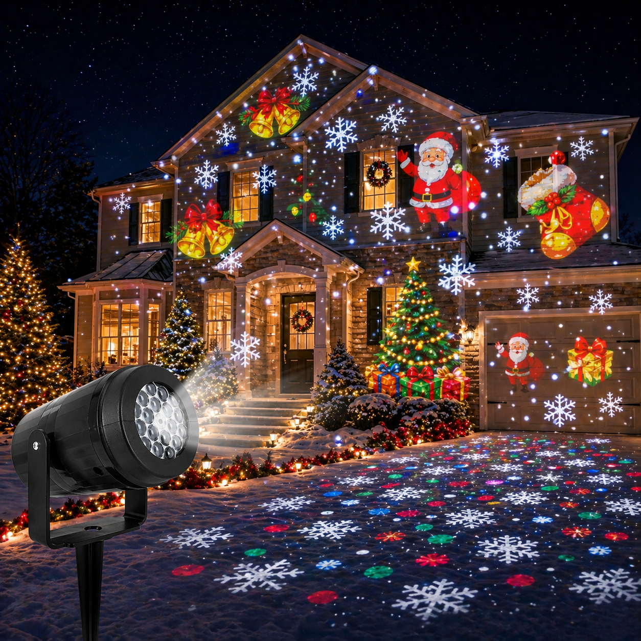 Decorated house with Christmas lights and a Christmas Laser Projector Lights Outdoor displaying snowflakes on the ground.
