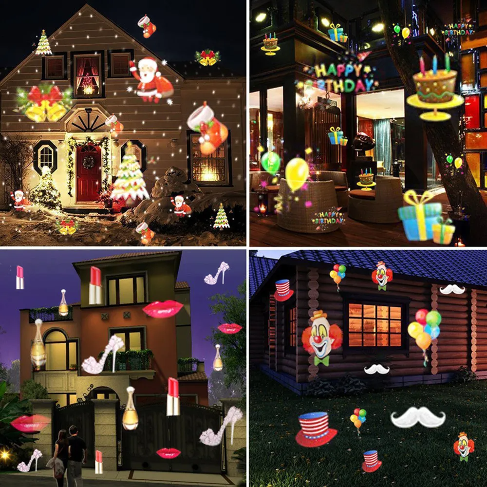 Christmas Laser Projector Lights Outdoor Collage of inflatable light decorations for various settings including a house, indoor party, and outdoor scenes.