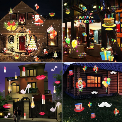 Christmas Laser Projector Lights Outdoor Collage of inflatable light decorations for various settings including a house, indoor party, and outdoor scenes.