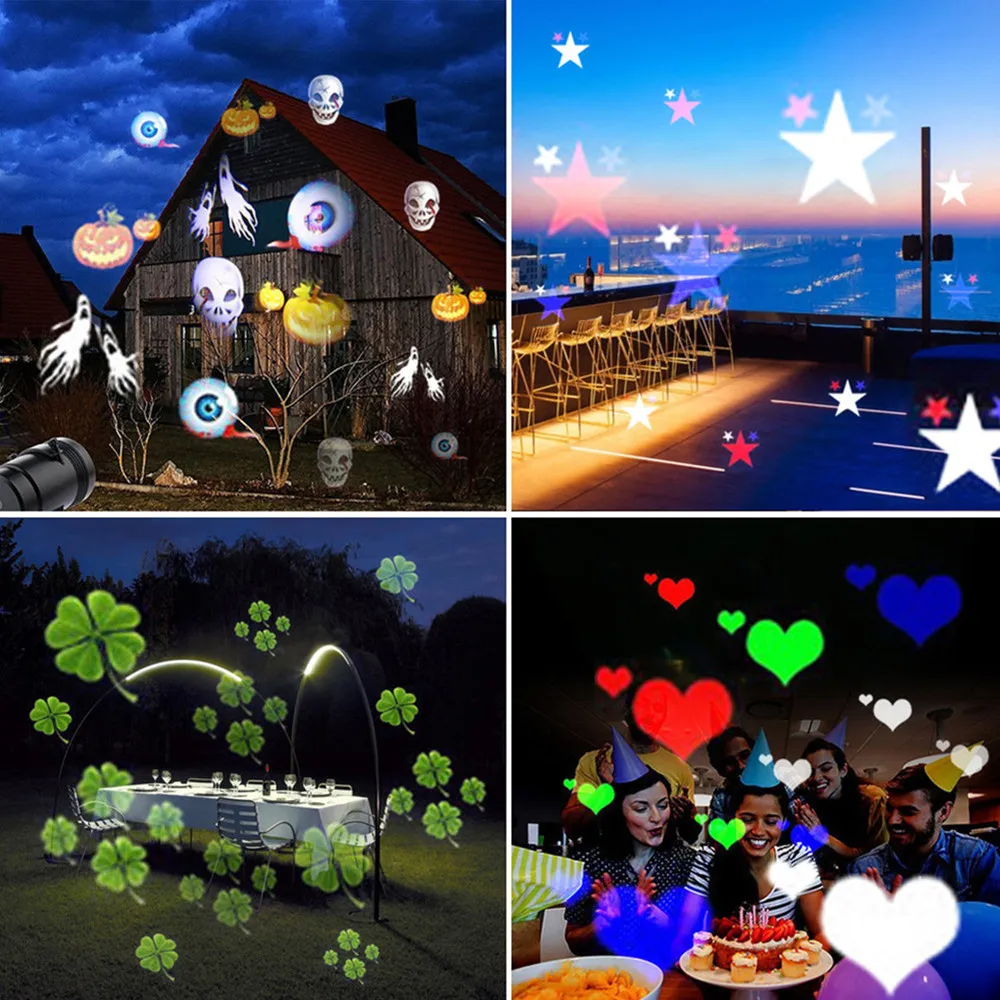Christmas Laser Projector Lights Outdoor Collage of various outdoor light projections including Halloween-themed, star-shaped, clover, and heart designs.