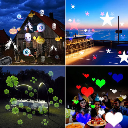 Christmas Laser Projector Lights Outdoor Collage of various outdoor light projections including Halloween-themed, star-shaped, clover, and heart designs.