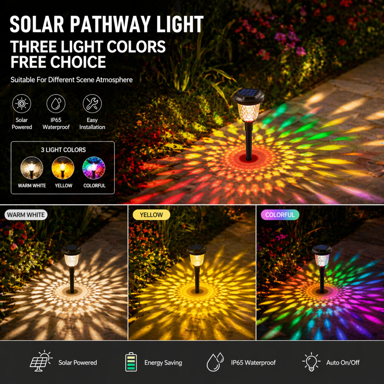 Decorative LED Garden Lights with colorful shadows on a garden path, featuring text about features and color options.