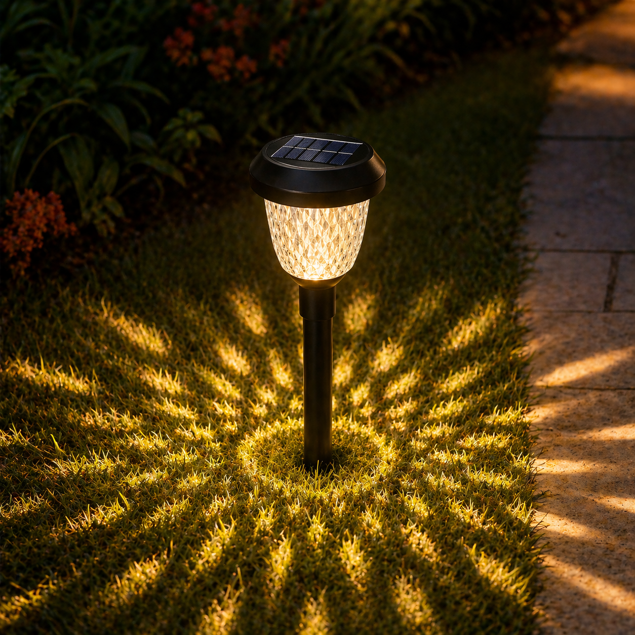 Decorative LED Garden Lights casting a warm glow on grass