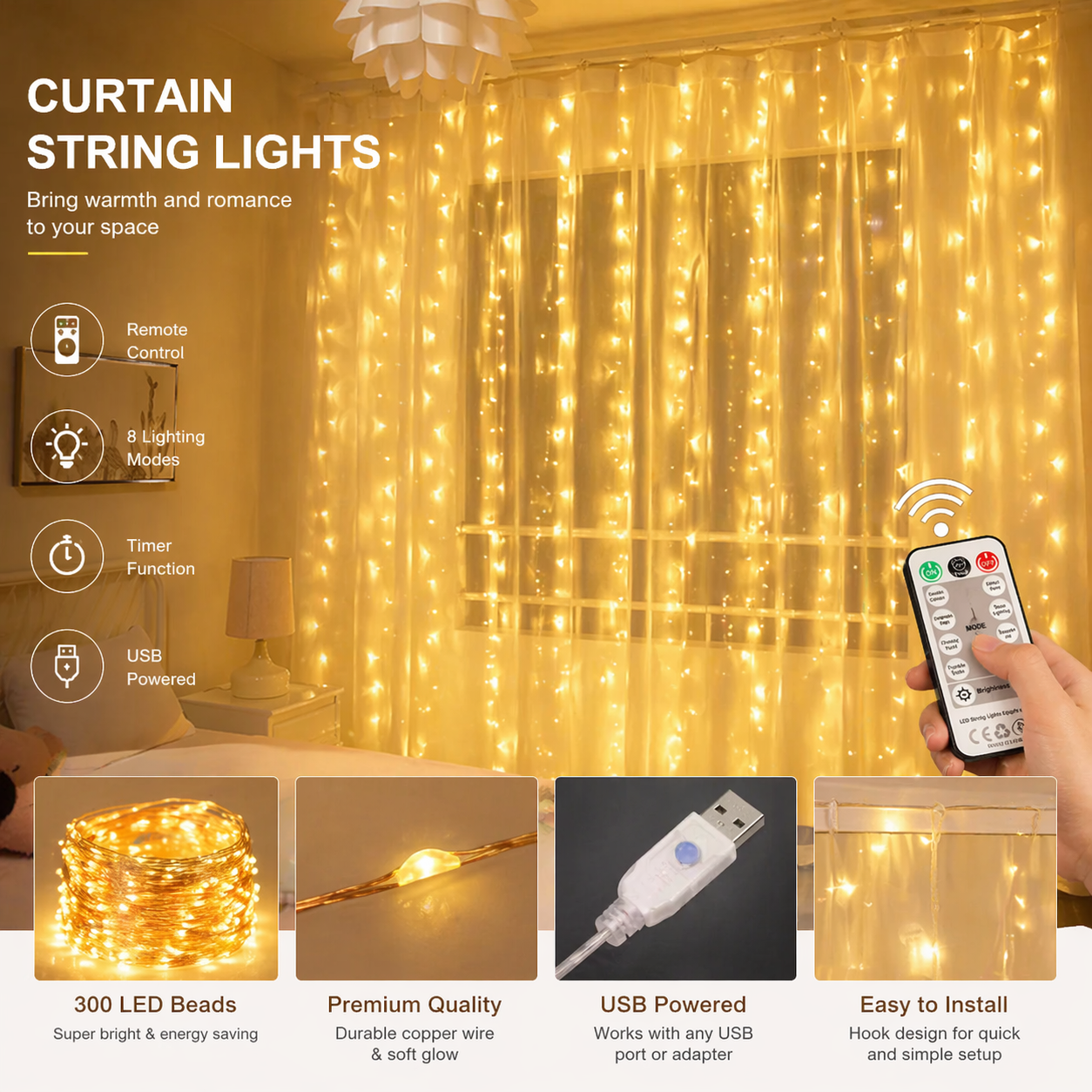 LED Curtain Fairy Lights with remote control, USB power, and various features displayed.