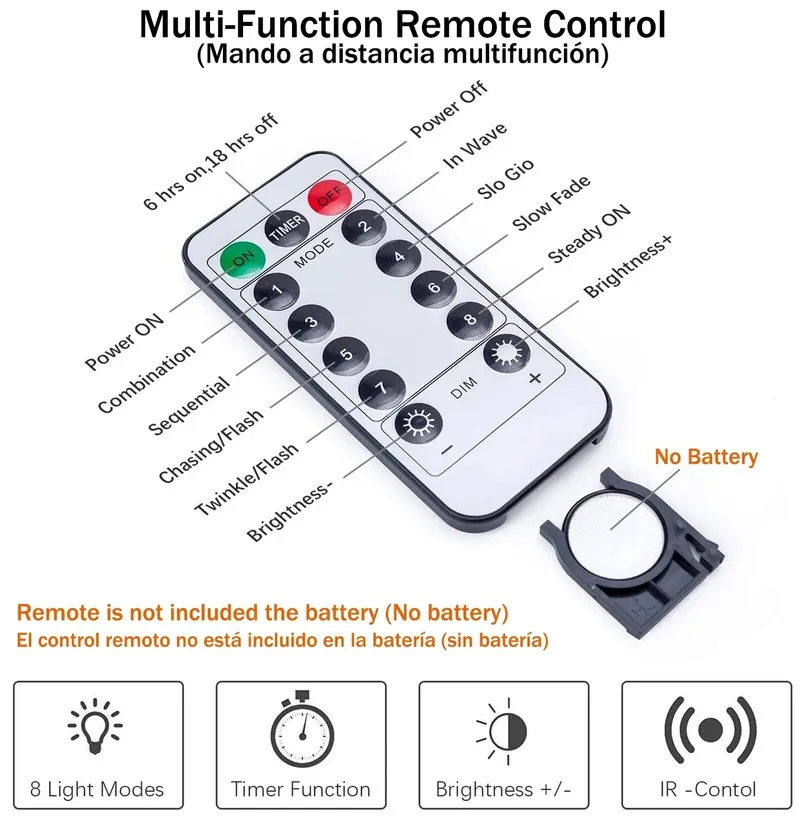 Multi-function remote control of LED Curtain Fairy Lights with battery compartment on a white background