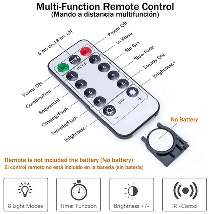 Multi-function remote control of LED Curtain Fairy Lights with battery compartment on a white background