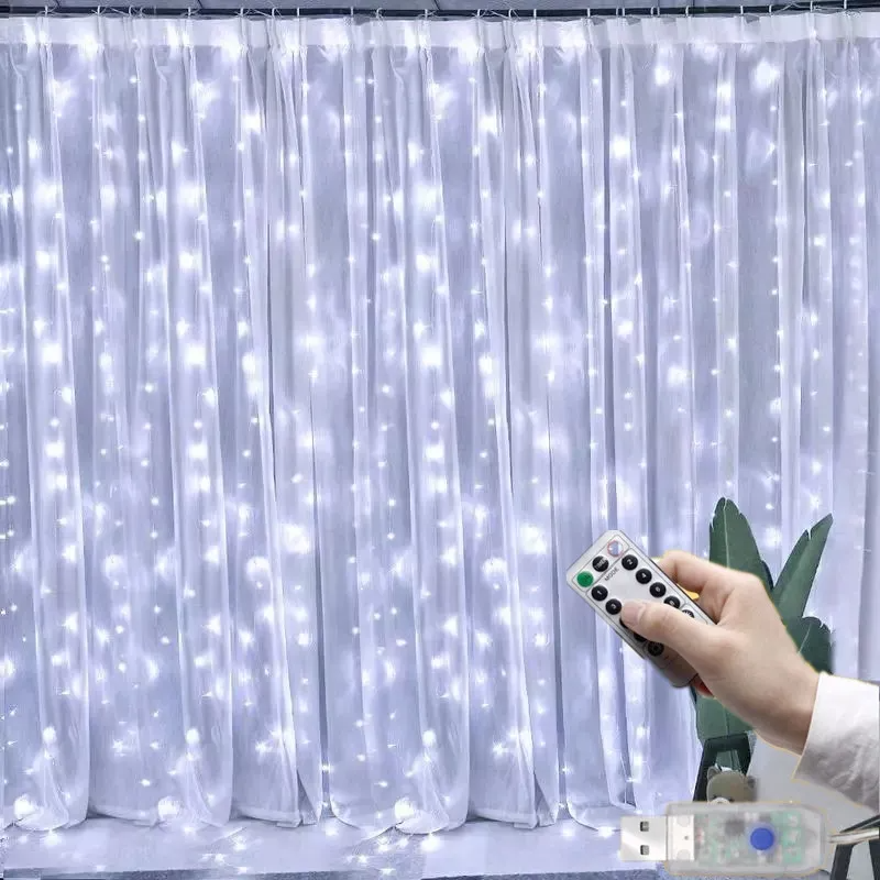LED Curtain Fairy Lights with remote control on a white curtain background