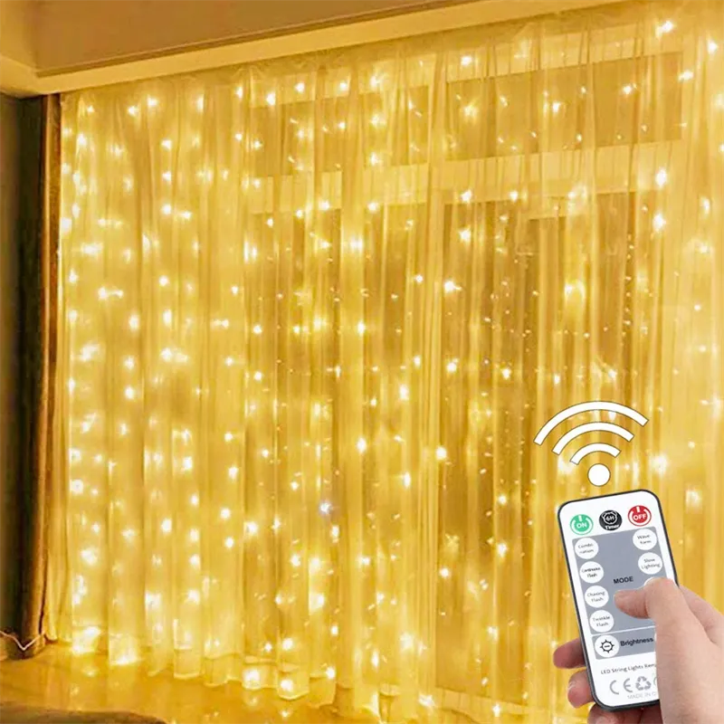 LED Curtain Fairy Lights with remote control in front of a curtain