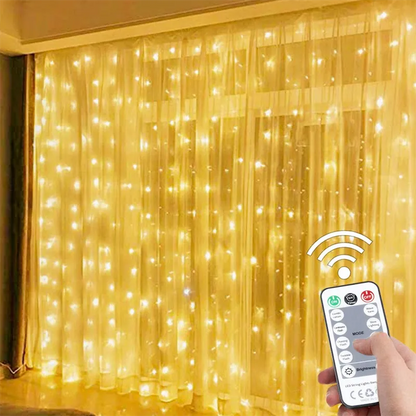 LED Curtain Fairy Lights with remote control in front of a curtain