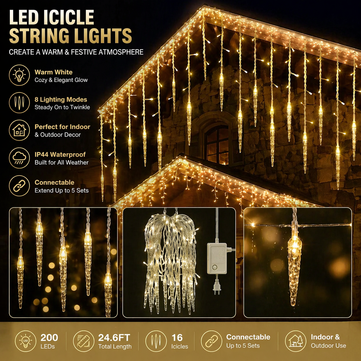 LED icicle string lights on a building with product details and features.