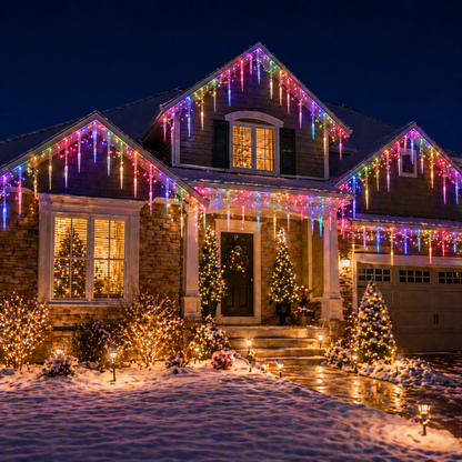 House decorated with colorful LED Icicle Christmas Lights Outdoor  and snow on the ground