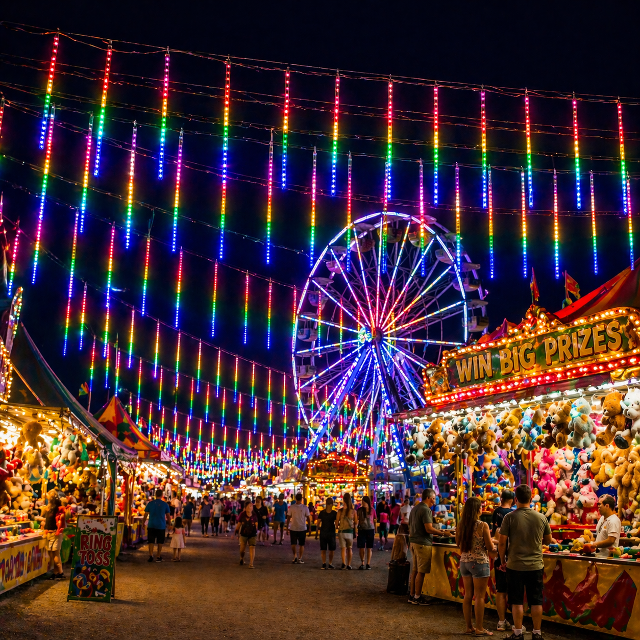 Festive fairground scene with LED Meteor Shower Lights Outdoor and a Ferris wheel at night.
