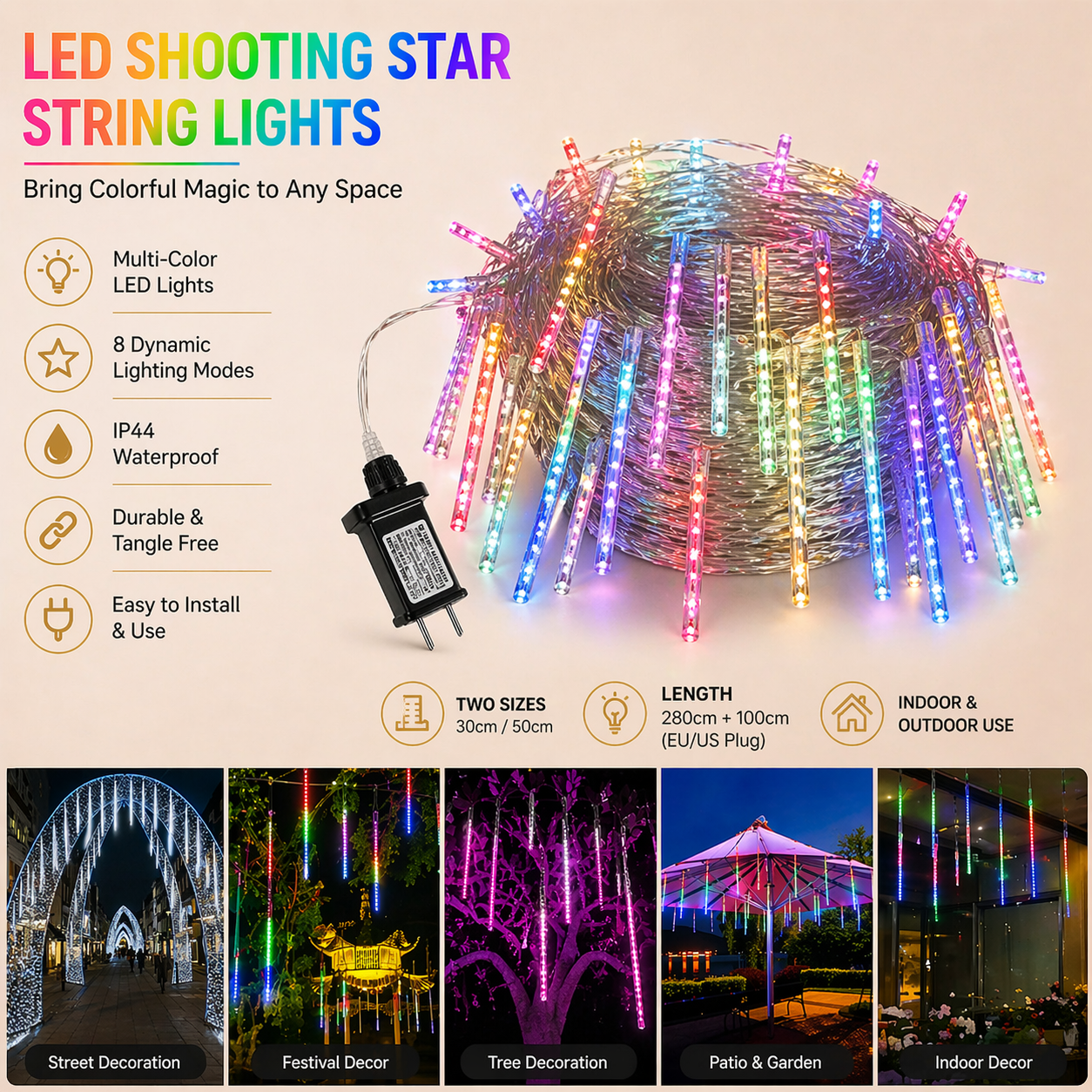 LED shooting star string lights with features and usage examples on a beige background