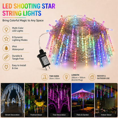 LED shooting star string lights with features and usage examples on a beige background