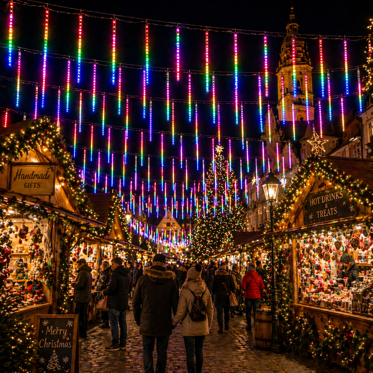 Christmas market with LED Meteor Shower Lights Outdoor  and people walking around.