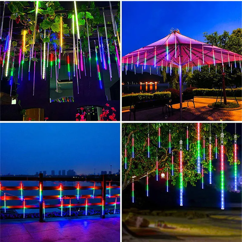 Collage of LED Meteor Shower Lights Outdoor in various settings including trees, umbrellas, and fences.