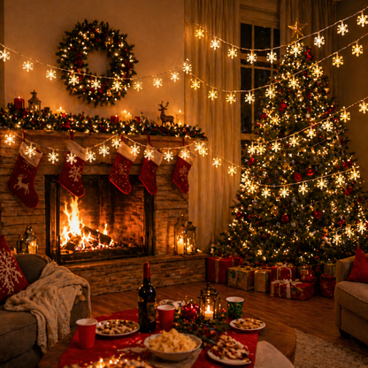 Cozy living room with Christmas decorations, including LED Snowflake Christmas String Lights, a tree, stockings, and fireplace.