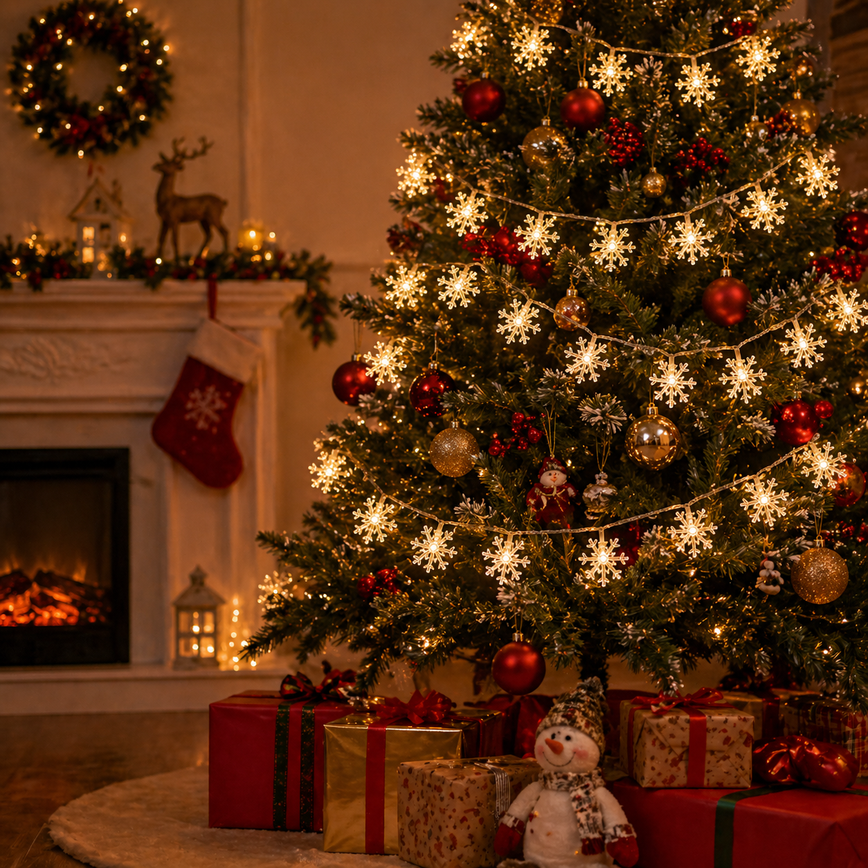 Decorated Christmas tree with LED Snowflake Christmas String Lights and ornaments in a cozy living room.
