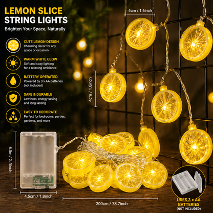 Lemon Slice LED String Lights USB with packaging and specifications on a dark background