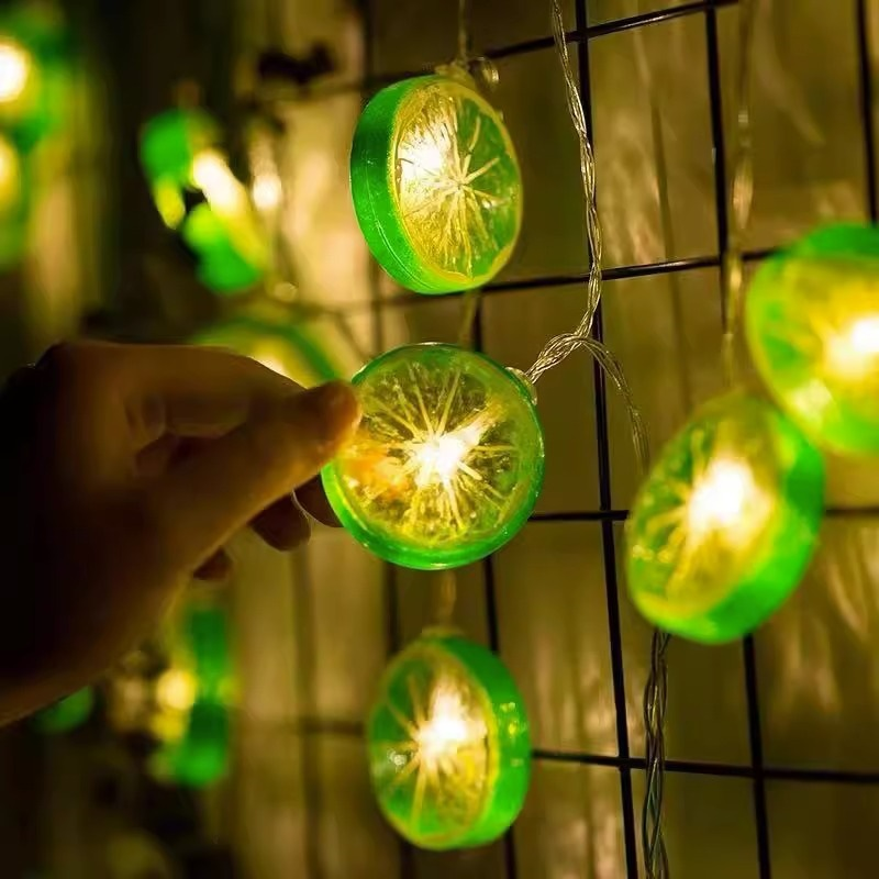 Lemon Slice LED String Lights USB held by a hand against a grid background