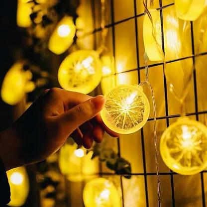 Lemon Slice LED String Lights USB held by a hand against a grid background