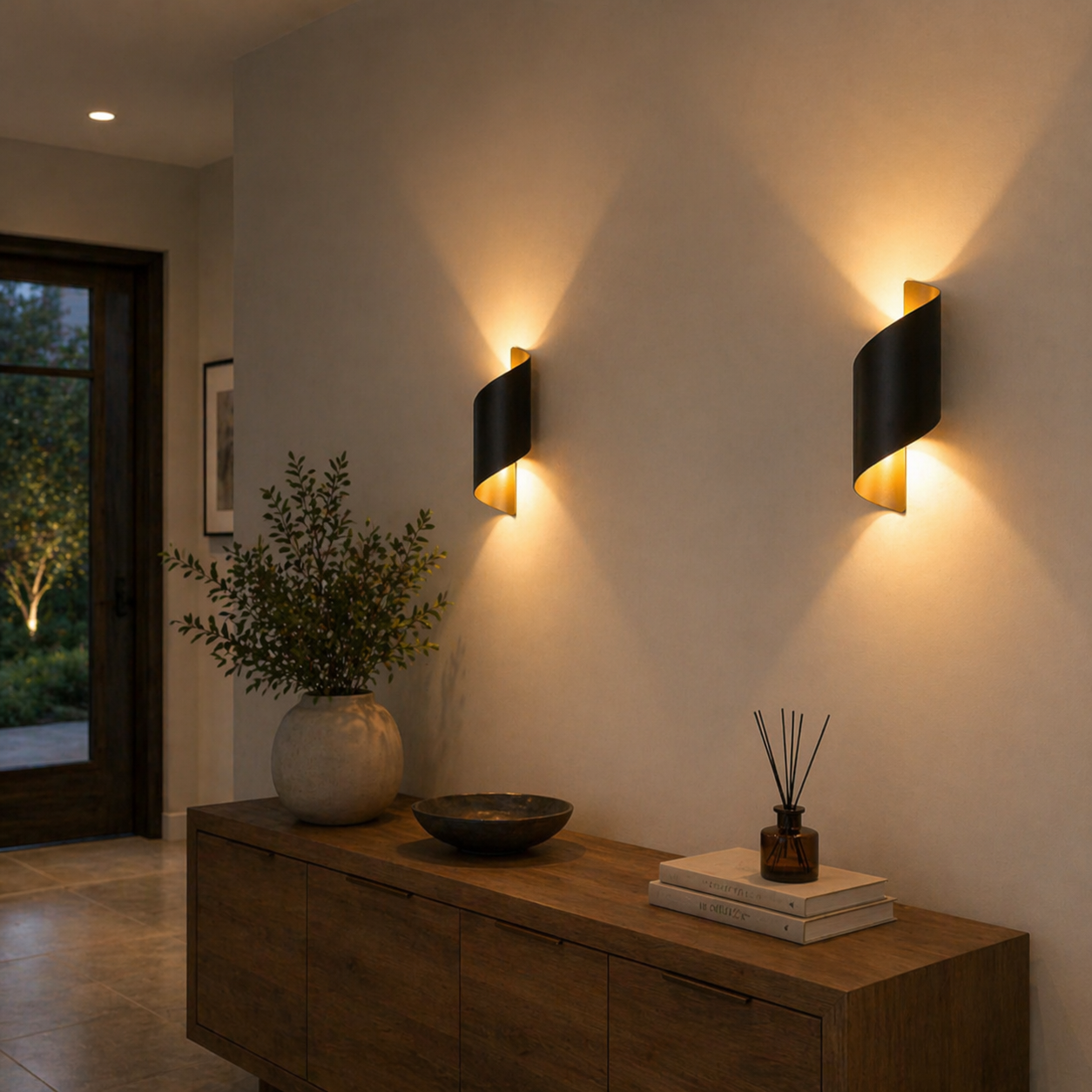 Modern Up Down Wall Lamp in a room with a wooden console table and decorative items.