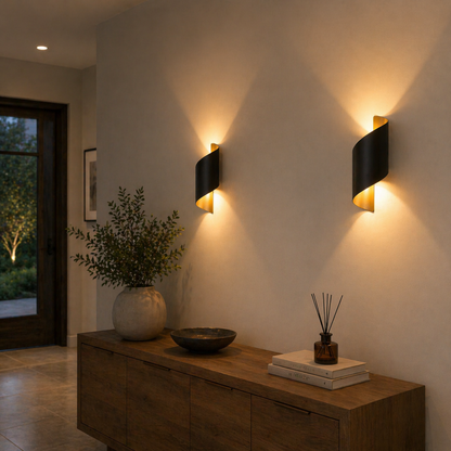 Modern Up Down Wall Lamp in a room with a wooden console table and decorative items.