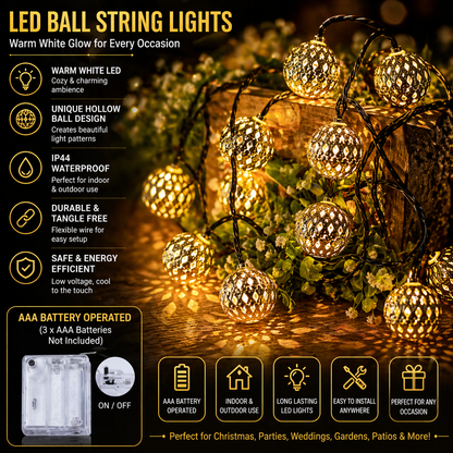 Moroccan Metal Ball LED String Lights with features listed on a dark background