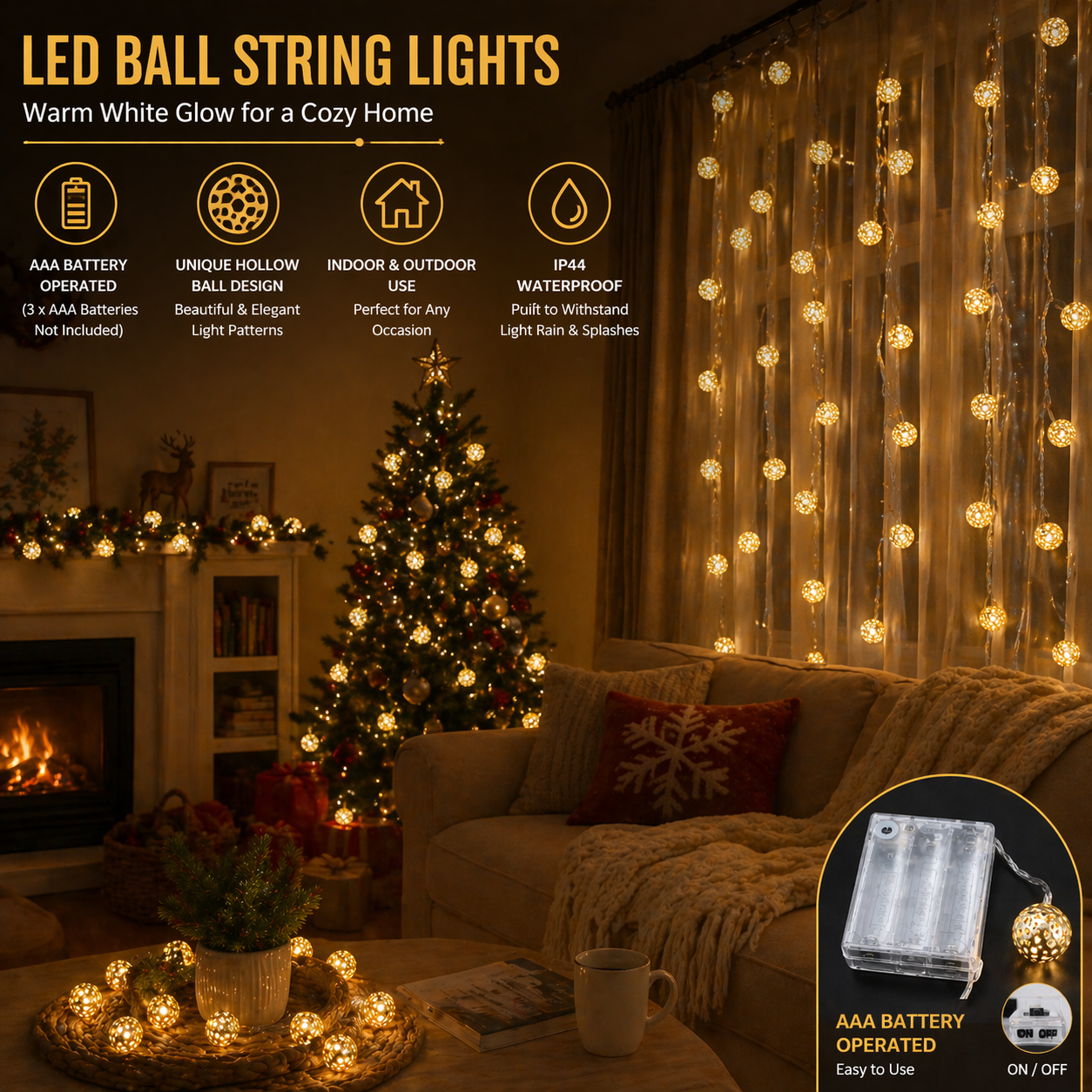 Moroccan Metal Ball LED String Lights in a cozy living room setting with warm white glow.